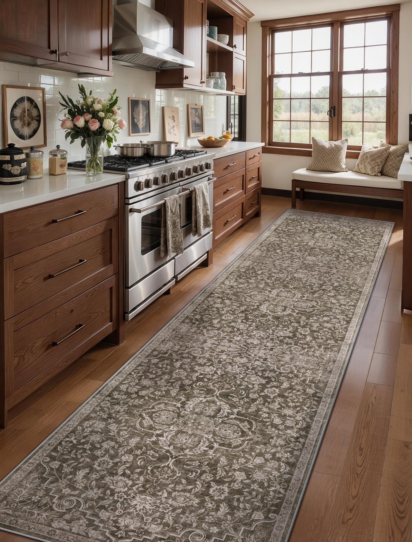 Ciicool 2x8 Hallway Runner Rug Low-Pile Soft Kitchen Brown Rugs Non-Slip Washable Vintage Floral Throw Entry Foyer Mat for Entrance Living Room Laundry Carpet