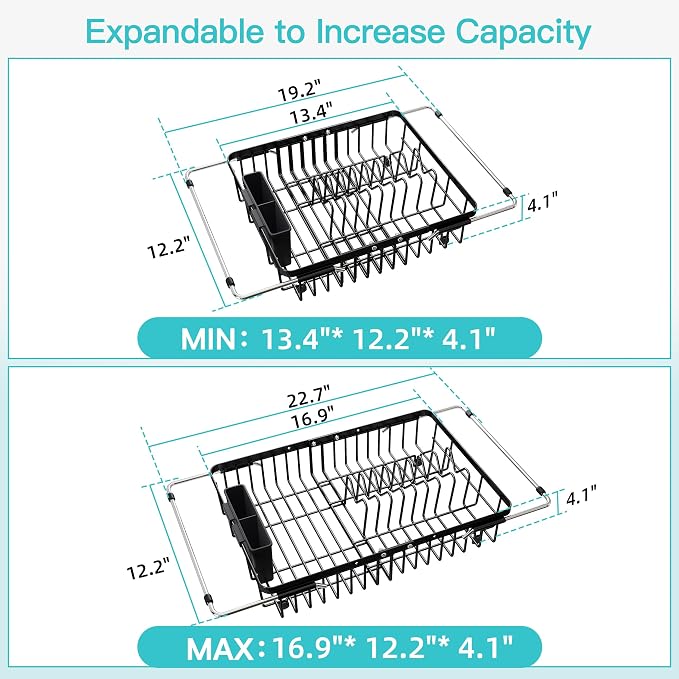 JASIWAY Black Expandable Stainless Steel Over The Sink Dish Drying Rack for Small Kitchen Counter Space Saving, Compact Plate Drainer Strainer, Adjustable Hanging Metal Dish Dryer with Utensil Holder