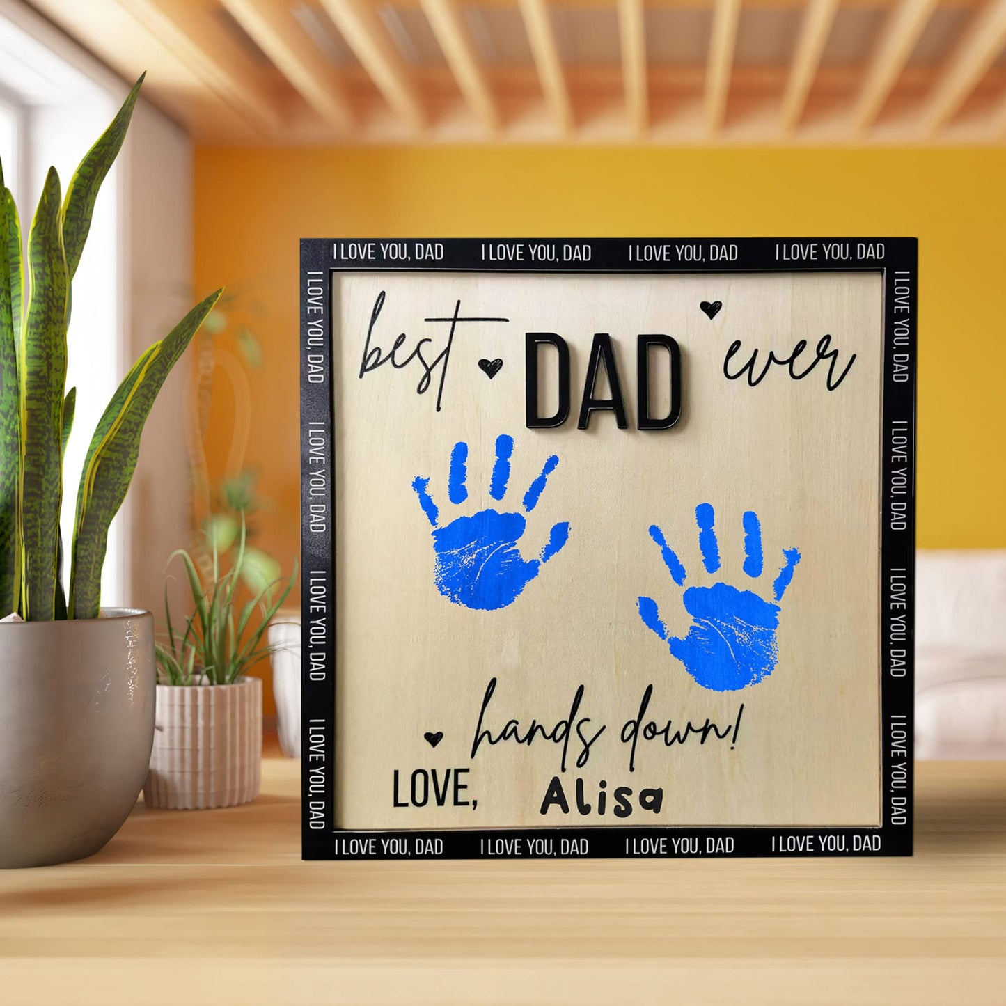 Best Dad Ever Hands Down Sign Personalized Father's Day Gifts Handprint Wooden Plaque from Daughter or Son, Birthday Gifts for Dad, Dad Gifts, Gifts for Dad Who Wants Nothing, Art Sign Home Decoration