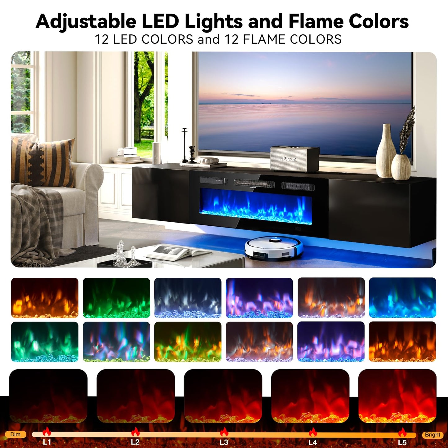 OneBlis 80'' Floating TV Stand with 40" Electric Fireplace, Wall Mounted Entertainment Center with Storage for TVs up to 90", Adjustable 12-Color LED Lights Media TV Console for Living Room