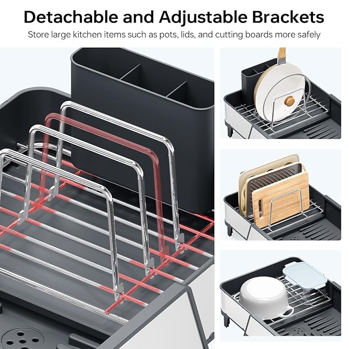 Urackify Large Dish Drying Rack - Triple Expandable Dish Rack for Kitchen Counter, Stainless Steel Sink Organization and Storage Essentials with Utensil & Pans Holder for Home and Appartment, Gray