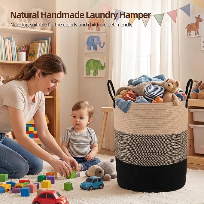 OIAHOMY Large Laundry Basket Hamper - 60L Cotton Rope Woven Basket for Blankets, Toys, Clothes - Tall Decorative Nursery Hamper with Long Handles, Yellow/Black