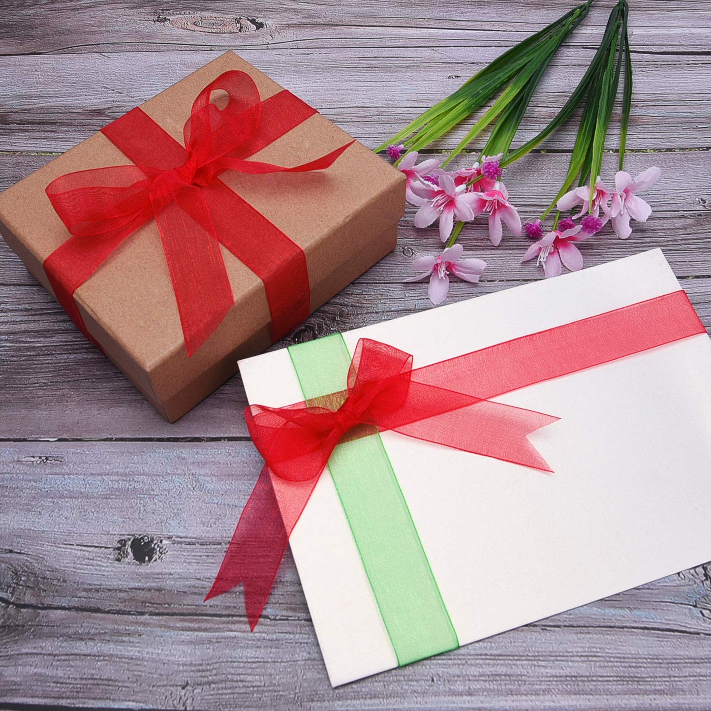 Livder 4 Rolls 4/5 Inch in Width Christmas Metallic Glitter Organza Ribbons Golden, Silvery, Red, Green Ribbon for Gift Wrapping, Christmas Tree Room Decoration