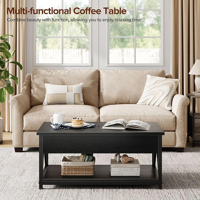 Memobarco Lift Top Coffee Table,Lift Coffee Tables with Storage Shelf and Large Hidden Compartment for Living Room,Lifting top Coffee Table for Small Space,Black