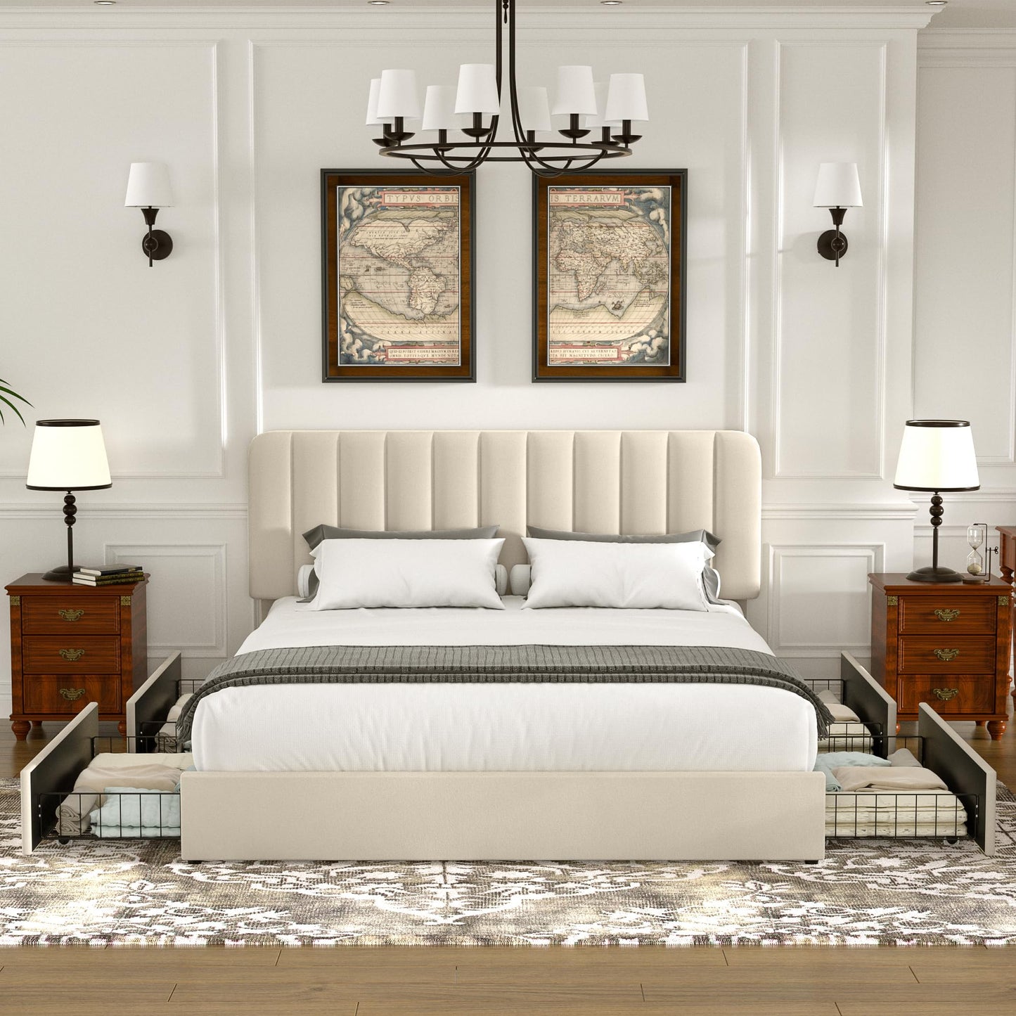 VECELO King Size Upholstered Bed Frame with 4 Drawers and Headboard, Velvet Platform Storage Bedframe, Wooden Slats Support, No Box Spring Needed,Bone Beige