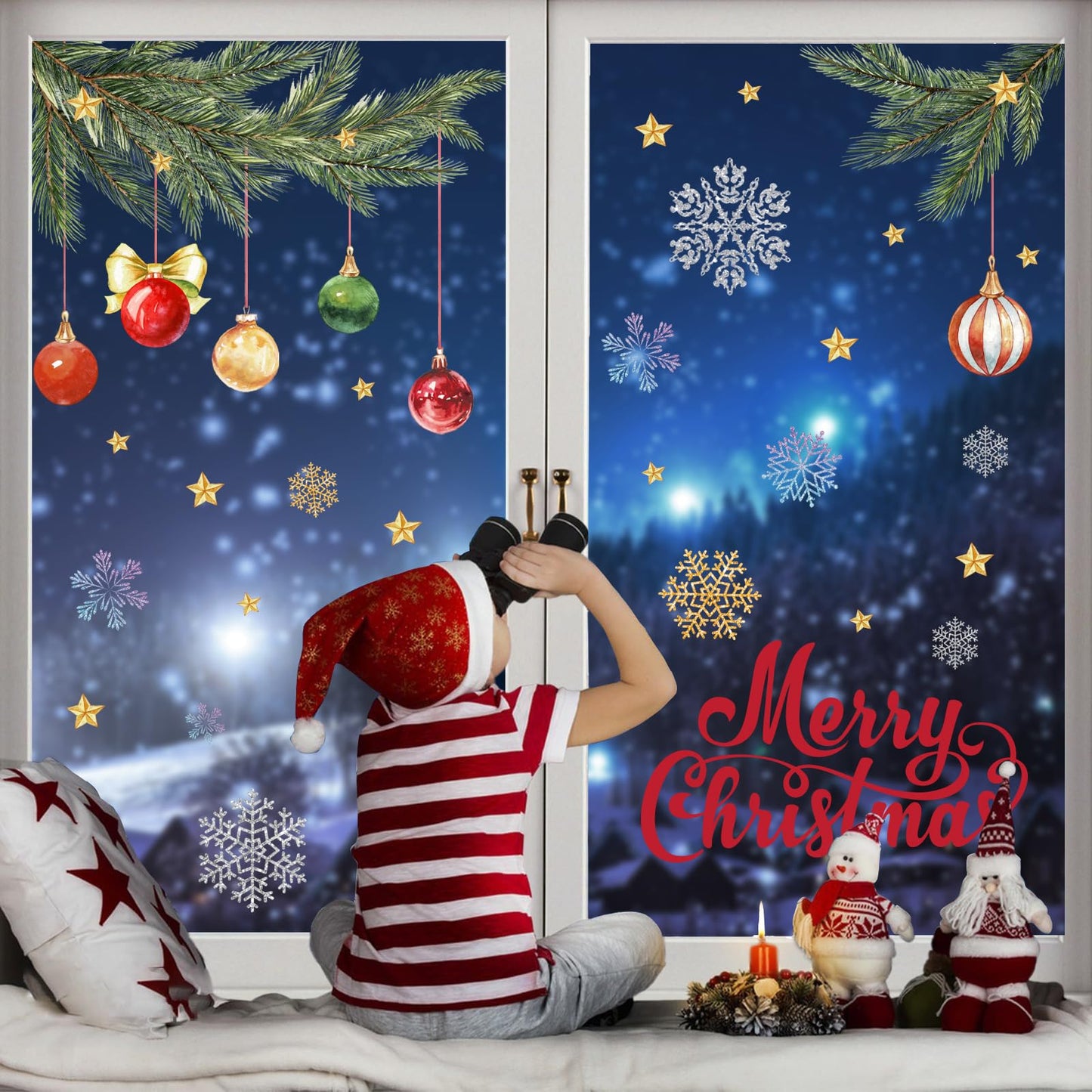 MEHOFOND Christmas Window Clings Stickers, 8 Sheets Xmas Balls Branches Snowflake Christmas Decorations, Xmas Window Decals Stickers for Home Shop Glass Windows, Winter Holiday Display Decor