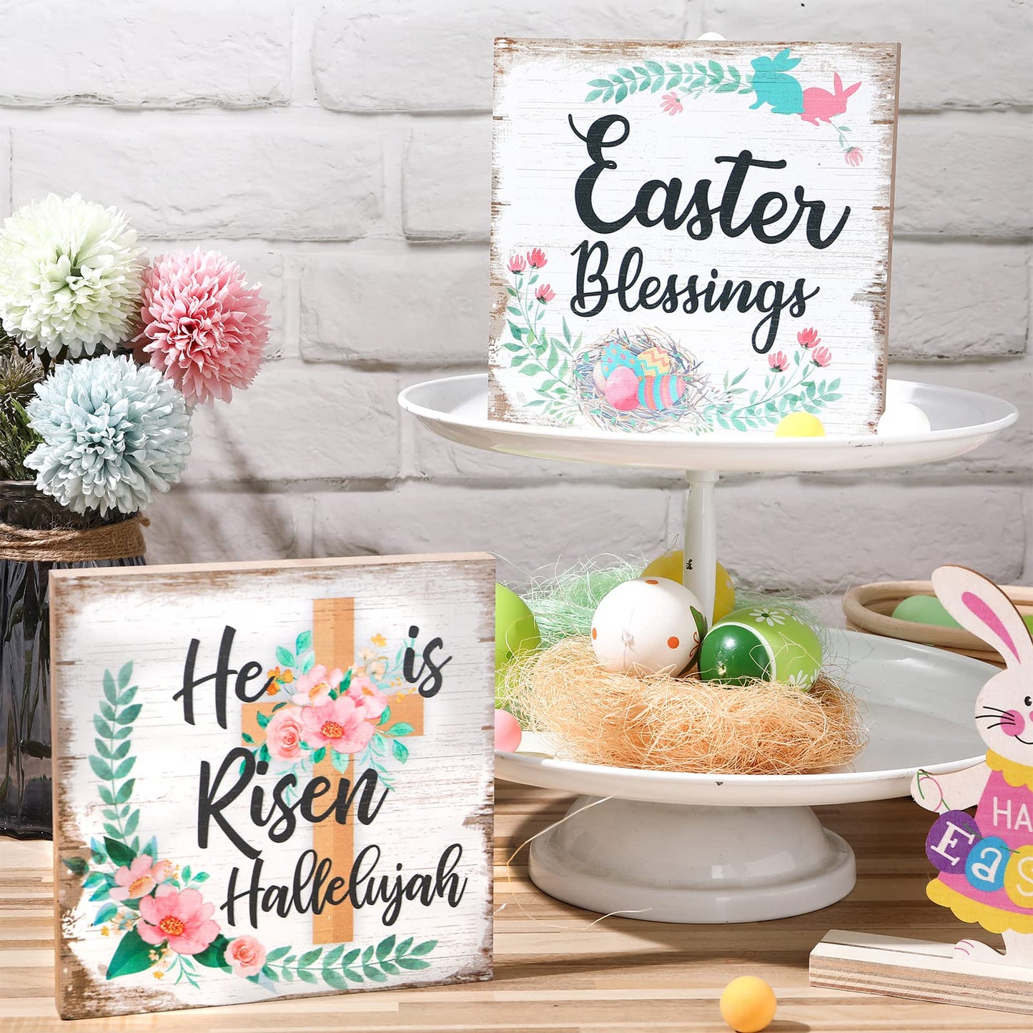 2 Pieces Farmhouse Easter Table Decoration Signs Wood Religious He Is Risen Centerpieces Flower Hallelujah Rustic Christian Jesus Block Signs Easter Decorations for Home Mantel Shelf Office Desk Decor