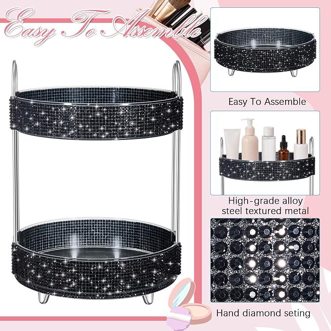 Honeydak 360 Rotating Perfume Organizer Gift for Women, Rhinestone Preppy Skincare Organizer Bathroom Counter Makeup Holder Skincare and Perfume Storage for Cosmetic(2 Tiers,Resin Diamond,Black)