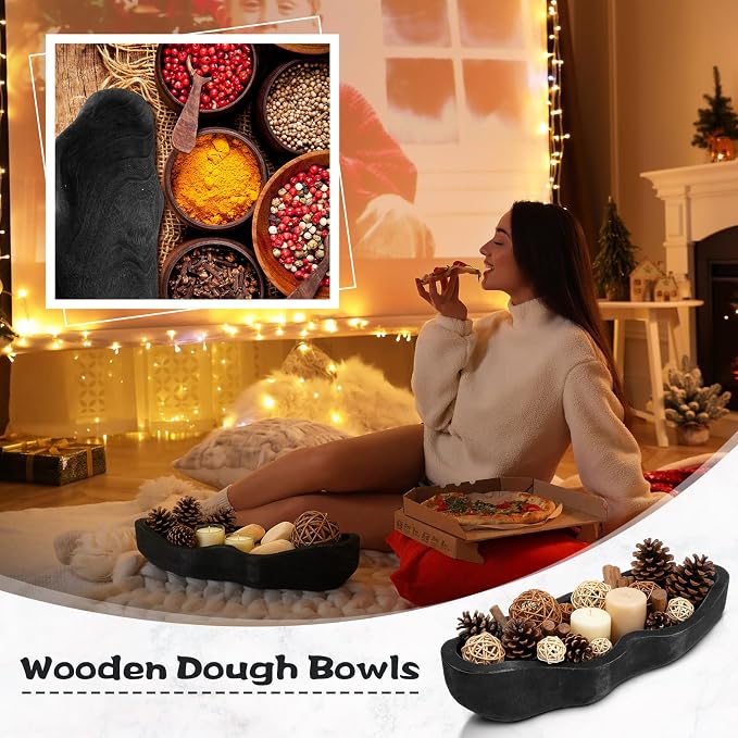 Nuogo 1 Pack 16 Inch Wavy Edge Dough Bowl Large Size Wood Rustic Dough Bowl Decorative for DIY Farmhouse Home Supplies Kitchen Decoration(Black)