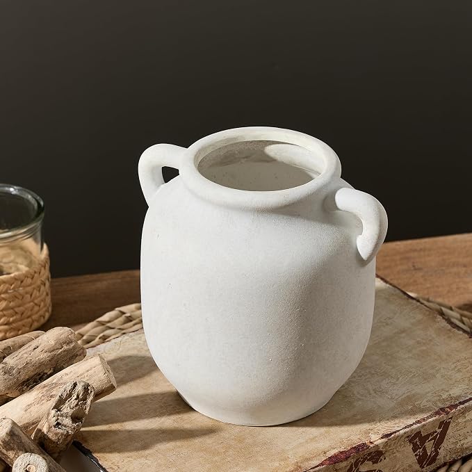 Ceramic Flower Vase Home Decor - Farmhouse Rustic White Table Vases with Handle Living Room Decoration Decorative Vintage Pottery for Kitchen Shelf Coffee Dining Desk Bookshelf Fireplace (6" Rustic)
