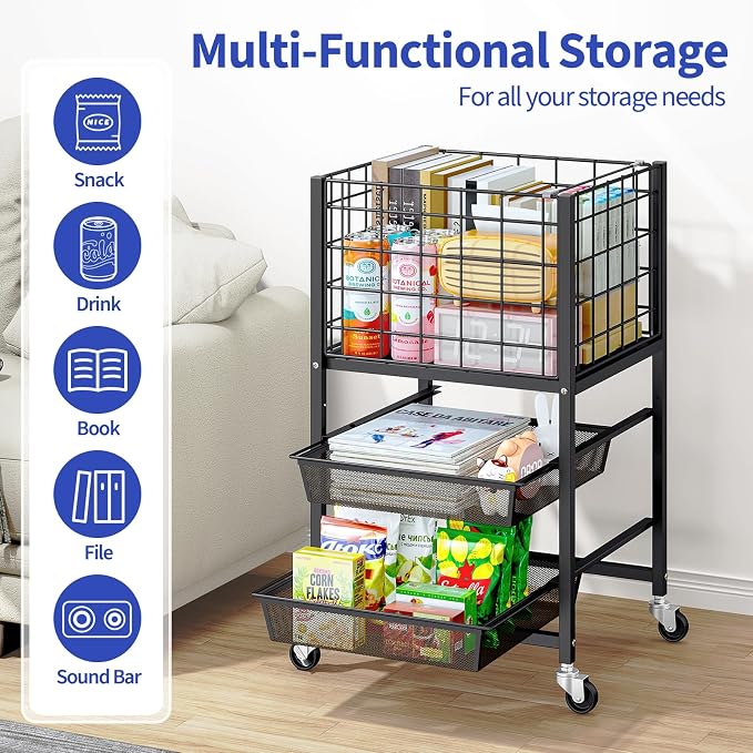 TOOLF Rolling File Cart, 3-Tier Metal File Cabinet with Wheel, Filing Cabinet with 2 Sliding File Trays, Adjustable Hanging File Folder Organizer for Office, Home, Classroom Black