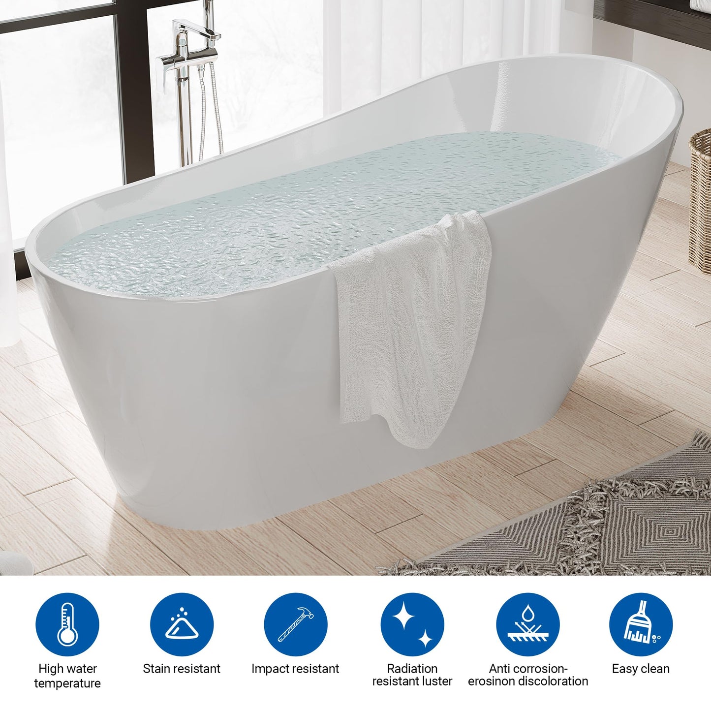 Freestanding Bathtub 67 inch Acrylic Oval Soaking Tub – All-White Design with Chrome Drain and Overflow Cover, Contemporary Stand Alone Bath for Family or Guest Use