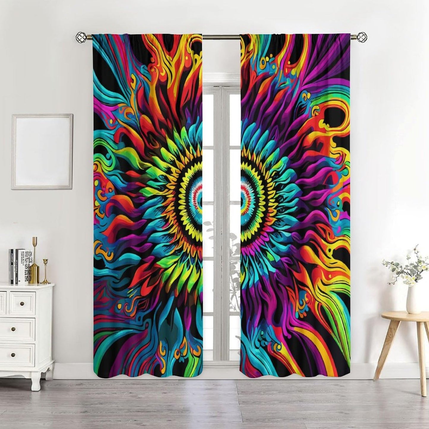 OVBOKEY Tie Dye Curtains - Boho Hippie Style with Rainbow Patterns for Bedroom & Living Room, Multicolor Swirl & Flame Design 2 Panels W42xL45 Inch