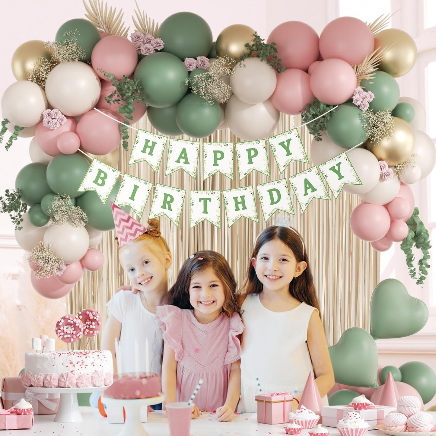 Pink and Sage Green Birthday Decorations with Light Pink Sage Green Sand White Metallic Gold Foil Balloons Fringe Curtain Banner for Happy Birthday Decorations for Women