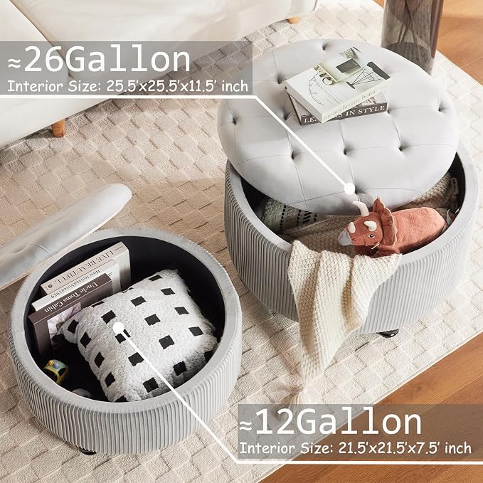 29&24.5inch Large Round Storage Ottoman Coffee Table Set of 2 Modern Button Storage Coffee Table with Removable Lid for Living Room Upholstered Footrest Stool for Bedroom (Large-Light Grey)