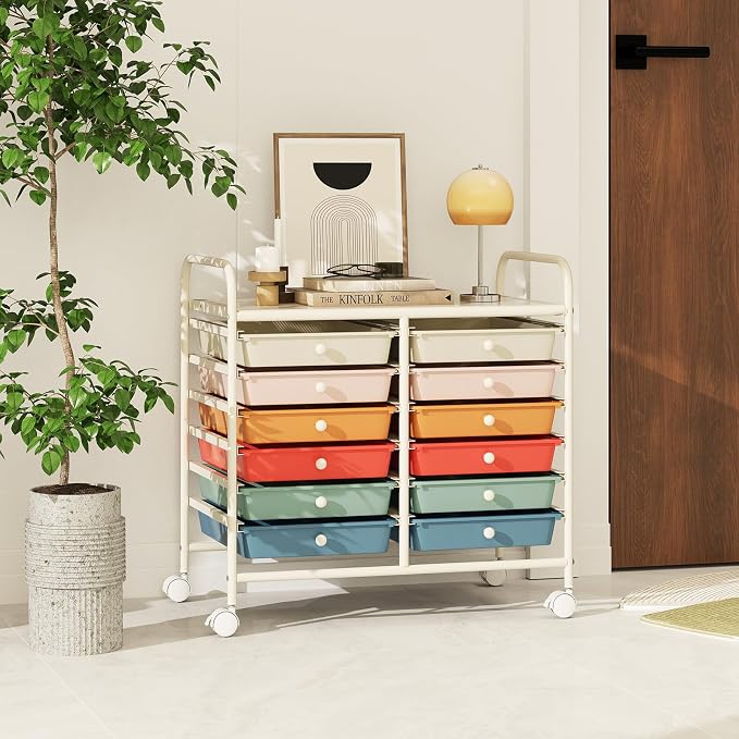 COSTWAY 12-Drawer Rolling Storage Cart, Utility Storage Organizer Cart for Tools, Scrapbook, Paper, Craft, Multipurpose Art Supply Organizer on Wheels for Home Office School, Teacher, Macaron