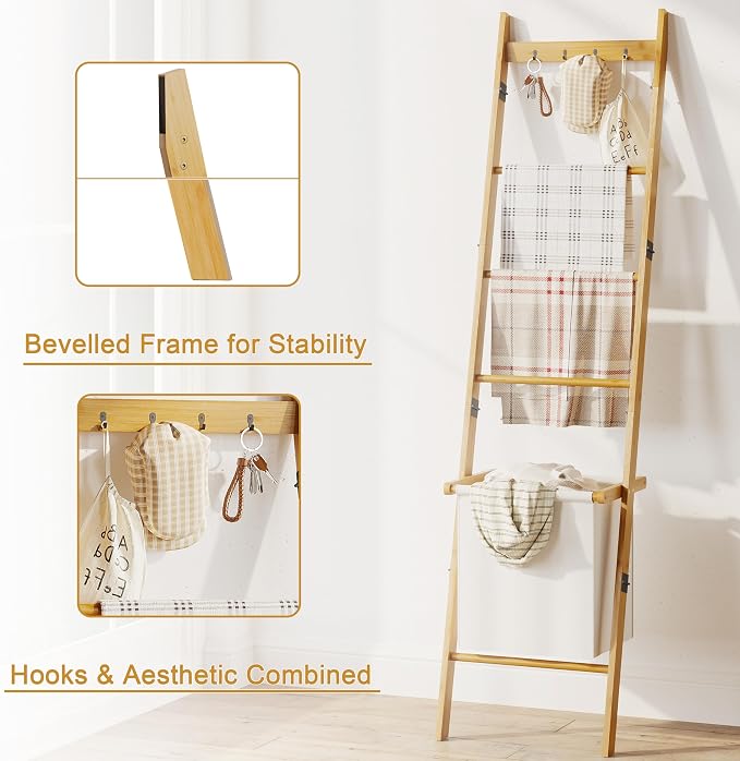 BAMBANG Bamboo Blanket Ladder with Basket, 5-Tier Quilt Rack Stand with 4 Hooks & Storage Hamper for Living Room Bathroom, Wall Leaning Decorative Ladder Shelf for Blankets Display (Natural)