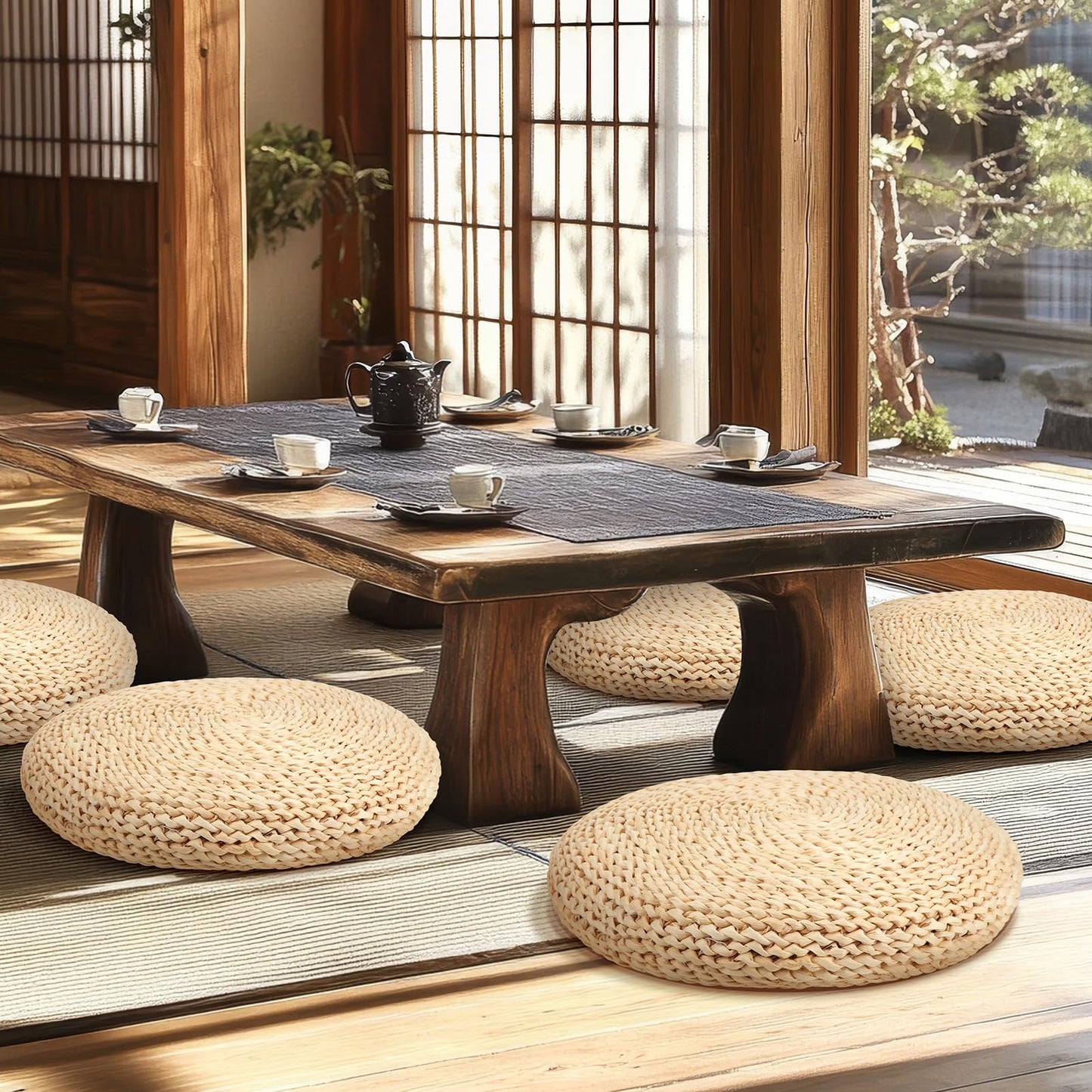 Barydat 8 Pcs Floor Cushions Round Large Pillow Seating Meditation Floor Pillow Boho Natural Woven Seat Cushion Japanese Tatami Cushion for Yoga Room Balcony Chair Pad, 15.75 Inch