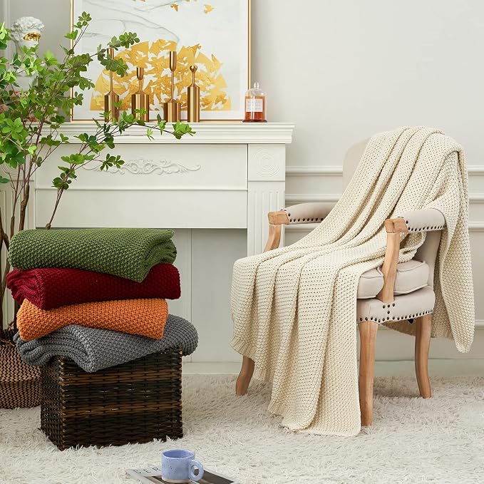 Longhui bedding Chunky Cable Knit Throw Blanket Lightweight Olive Green 100% Organic Cotton Blanket for Sofa Couch Bed Baby Nursery, Rustic Shabby Chic Modern Farmhouse, 60” x 80” Give Laundering Bag