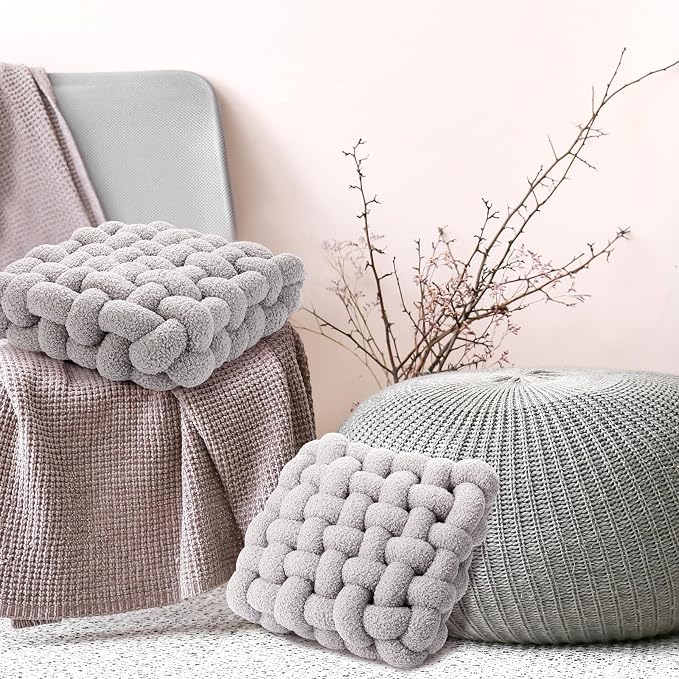 Wenqik 2 Pcs Knot Pillows Square Knotted Plush Throws Soft Accent Pillows Decoration Cushion for Couch Home Office Living Room Bedroom Bed Sofa Decor, 12'' x 13''(Light Gray,Lambswool)