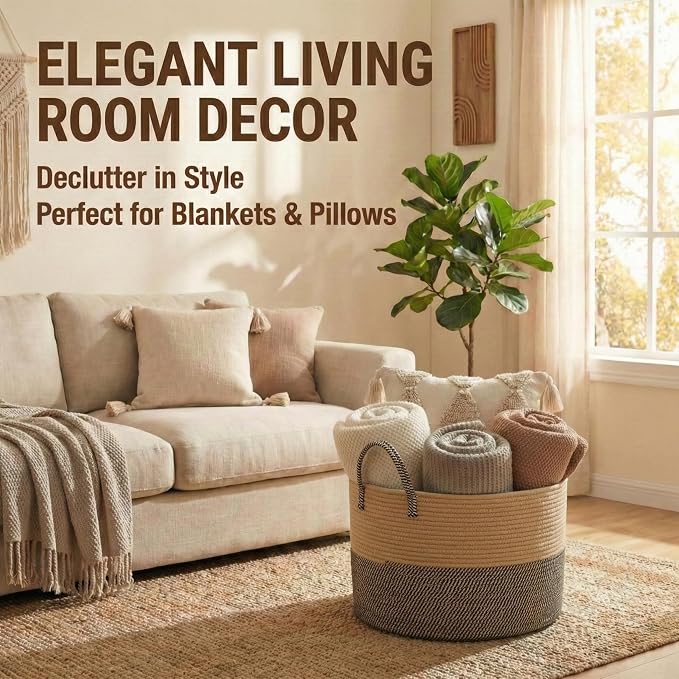 JMvicyroam 115L Extra Large Blanket Basket for Living Room - Woven Cotton Rope Laundry Hamper with Reinforced Handles - Storage Bin for Pillows, Comforters & Toys - Machine Washable,Jute&Black