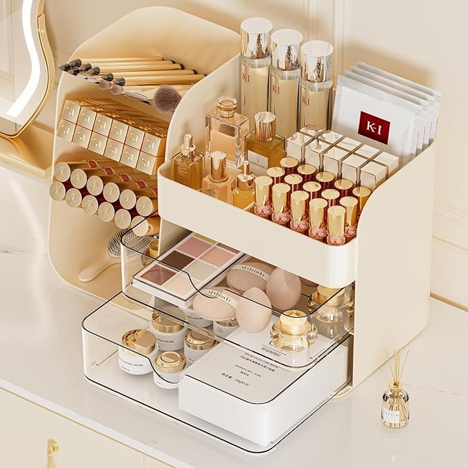Makeup Organizer Countertop with 2 Drawers, Large Capacity Make Up Organizers for Vanity, Bathroom Organizers and Storage, Cosmetics Organizer Easy To Storage Brushes Eyeshadow Lipstick, Cream