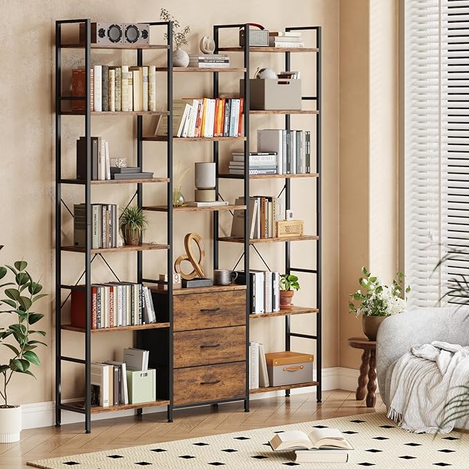 AFLUI Triple Bookshelf with 3 Fabric Drawers, 6-Tier Book Shelf and 10 Display Shelves, Industrial Large Bookcase for Home & Office, Rustic Brown, 47'' Wide