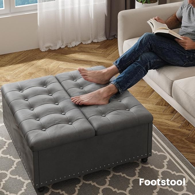 FUXA 35 Inch Large Square Ottoman with Storage, Oversized Ottoman Coffee Table with Lift Top and Wood Legs, Tufted Upholstered Storage Ottoman Bench for Living Room (Gray)