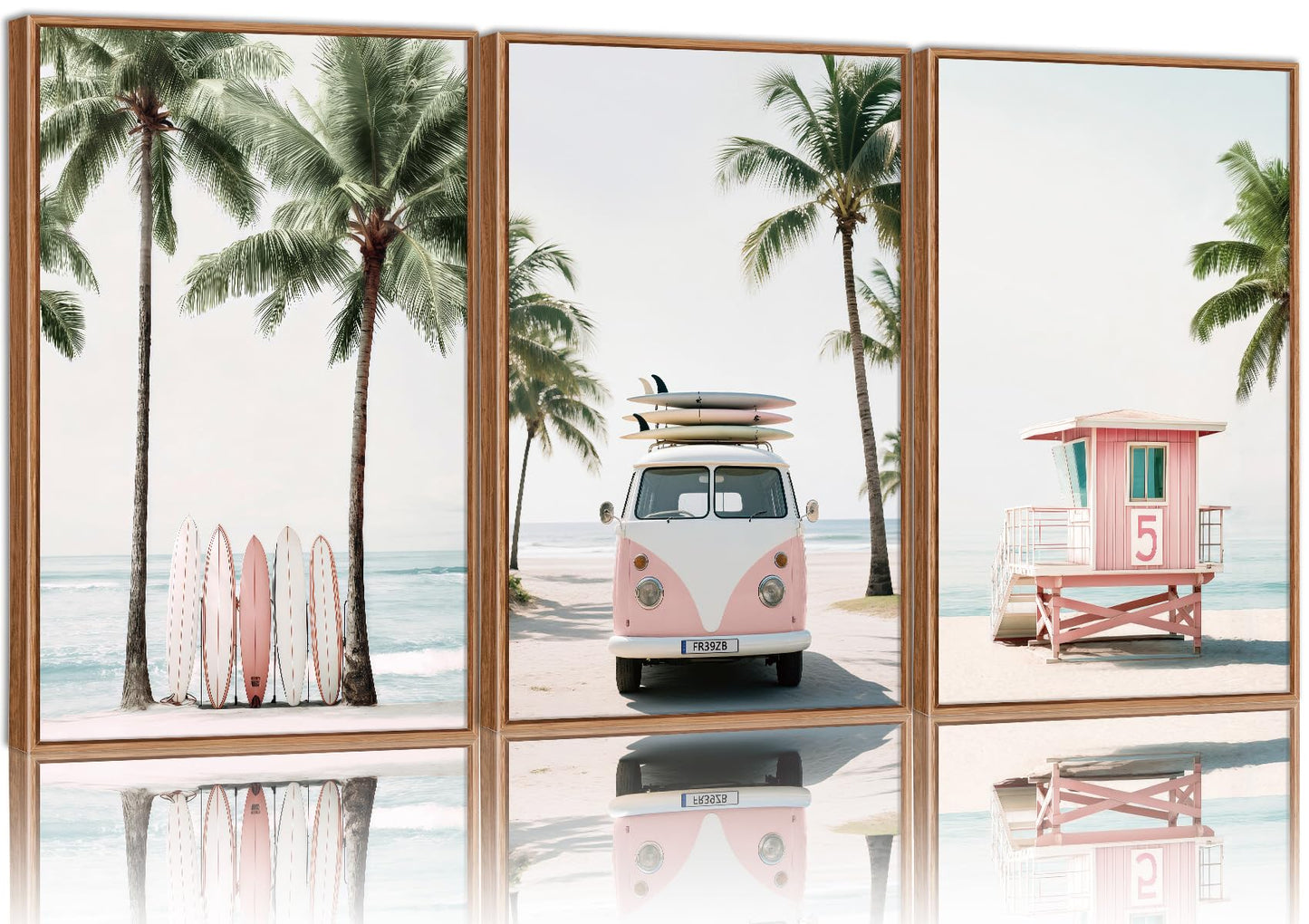 KYLESONLIE Tropical Beach Themed Framed Canvas Wall Art, Pastel Girly Surfboard Wall Decor, Relaxing Hawaii Palm Tree Posters, Coastal Beachy Art Paintings for Girls Bedroom Living Room Dorm 16"x24"x3