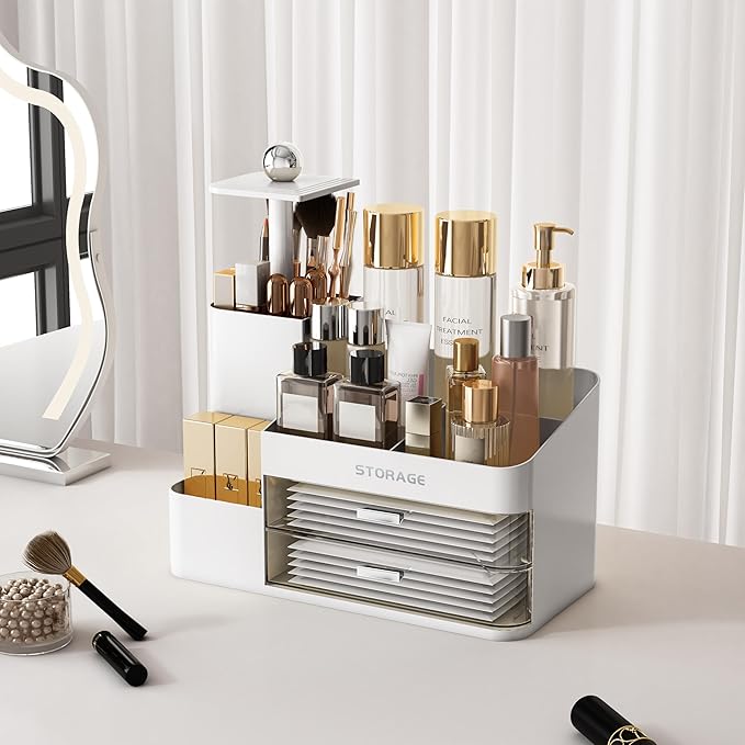 Large Makeup Organizer Countertop with Drawers, Make Up Organizer for Vanity, Makeup Storage Organizer Countertop Makeup Organizers for Skincare (Style2-White)