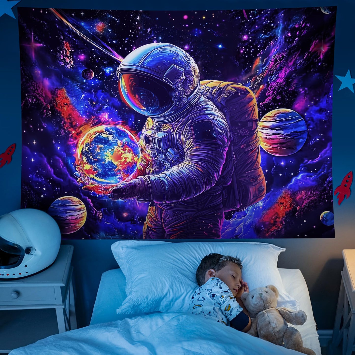 NYZE Astronaut Space Tapestry for Bedroom, Glow in the Dark Room Decor Wall Tapestries, Cool Galaxy Planet Wall Hanging, Wall Hanging for Men Guys Gamer Room Dorm Living Room 59in×51in