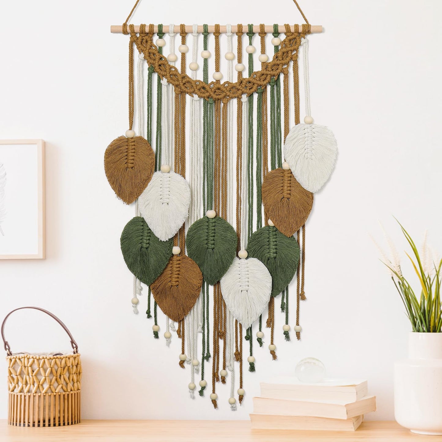 Weldomcor Macrame Wall Hanging Boho Leaf Woven Tapestry, Bohemian Chic Home Decor Modern Handmade Leaves Feather Wall Art Decorations for Bedroom Living Room Apartment Ornament 16.5" W X 31.5" L