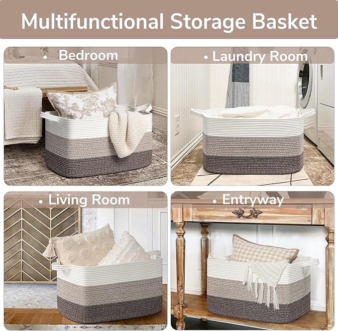 Goodpick Large Woven Storage Basket, 21.6"x14.9"x11.8", Blanket Storage for Bedroom and Living Room, Rectangle Rope Baskets for Storage, White Brown