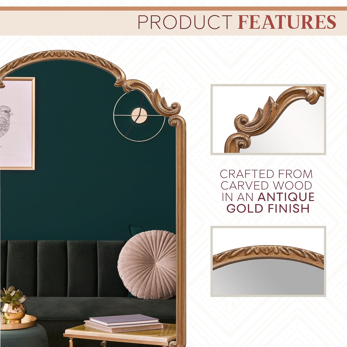 Wylde Iris English Estate Carved Arch Wood Wall Mirror, Mirror for Entryway, Living Room, Bathroom, Antique Gold, 22x30