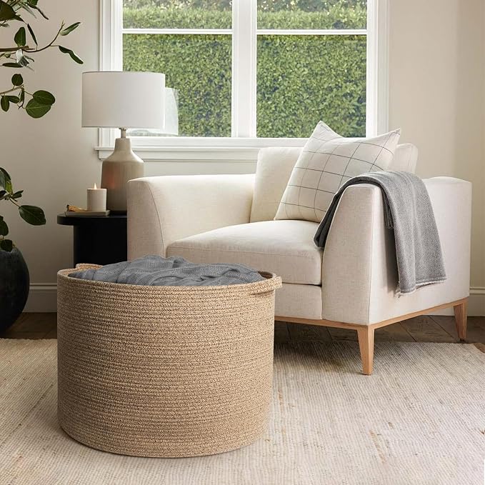 MEGASKET 115L Wicker Storage Basket, 23.6"x15.7" Woven Cotton Rope Basket, Giant Kids Dog Toy Bin Organizer, XXXL Blanket Pillow Holder for Living Room, Brown Variegated Wicker Baskets for Organizing