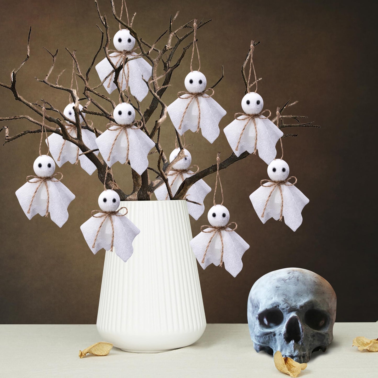 Watayo 16 Pcs Halloween Ghost Hanging Ornaments, 3 Inch Small Hanging Ghosts Tree Ornaments, Farmhouse Rustic Cloth Ghosts Hanging Decoration for Haunted House Party Yard Tree Decor