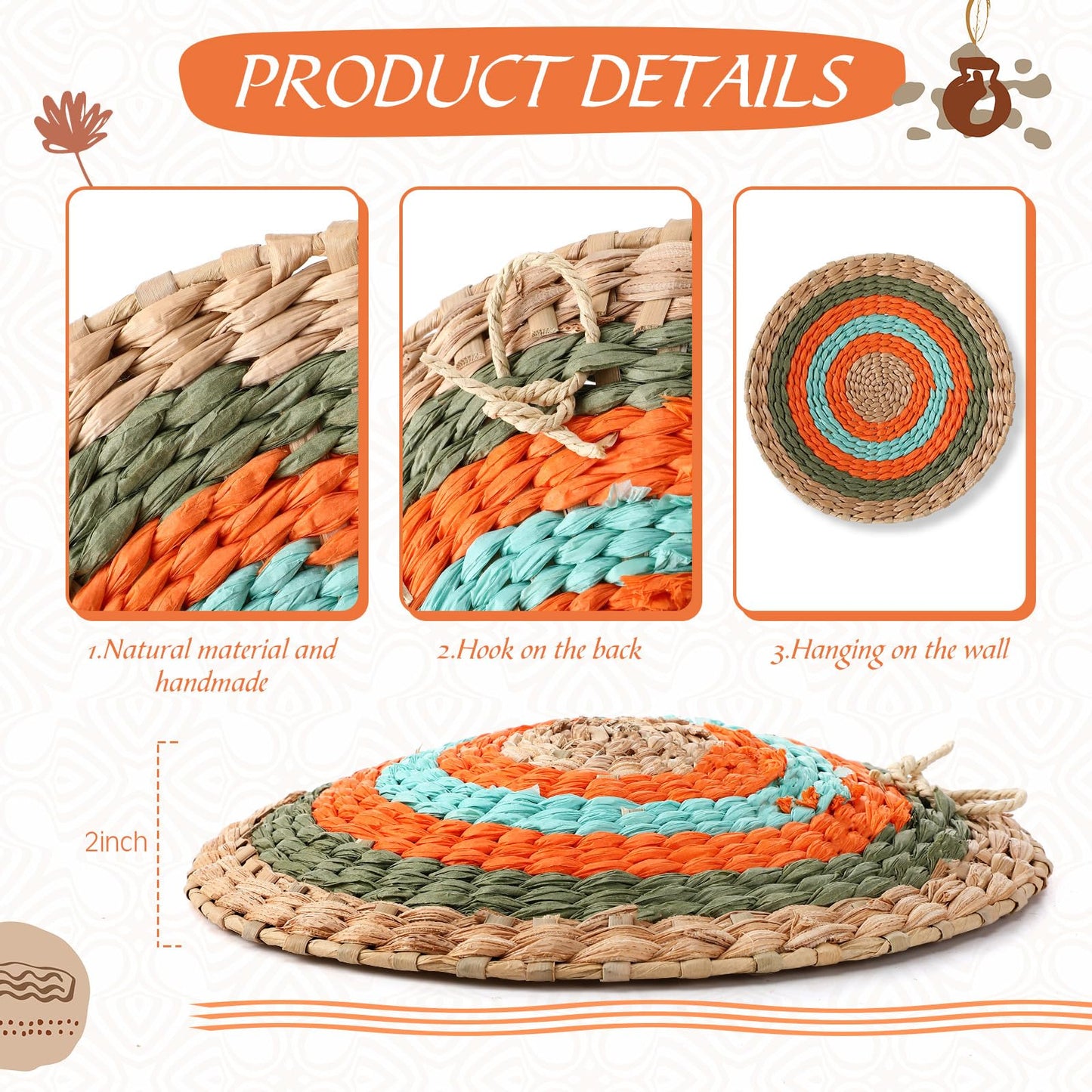 Anglechic 15 Pcs Boho Wall Basket Decor Woven Rattan Seagrass Wall Decor Hanging Rustic Farmhouse Western Art Decoration for Nursery Living Room Bedroom Home Kitchen(Orange Style)