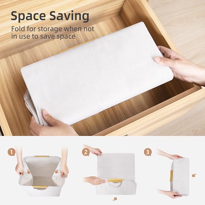 STORAGE MANIAC 3-Pack Large Laundry Hamper, 80L (21.1 Gal) Collapsible Laundry Basket with Bamboo Handles, Freestanding Waterproof Clothes Hamper for Laundry Room, Bedroom, Dorm, Towels, Beige