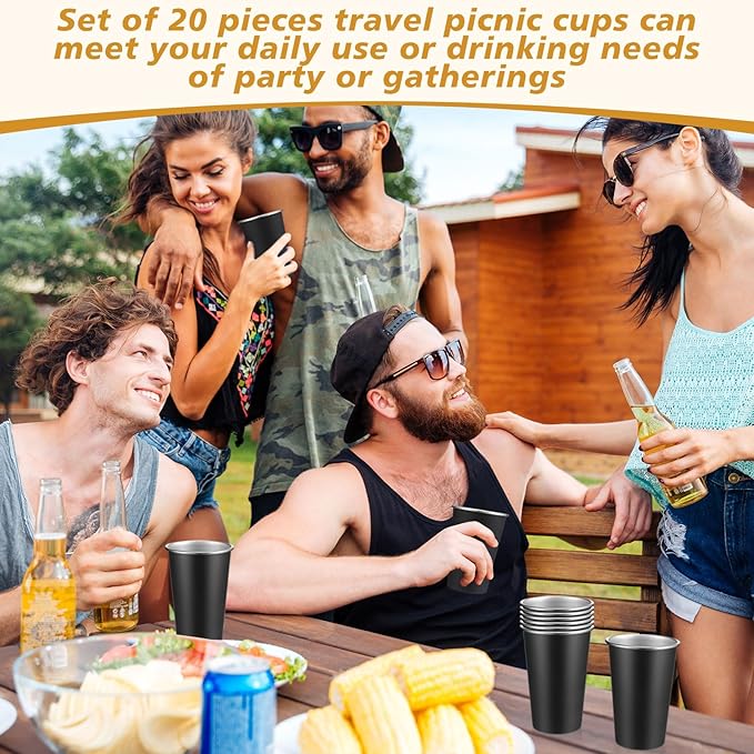 Mimorou 20 Pack 20 oz Stainless Steel Pint Cups Metal Cups Unbreakable Drinking Water Tumblers Stackable Tumbler for Adults Bar Home Restaurant Travel Picnic Camping Outdoor (Black)