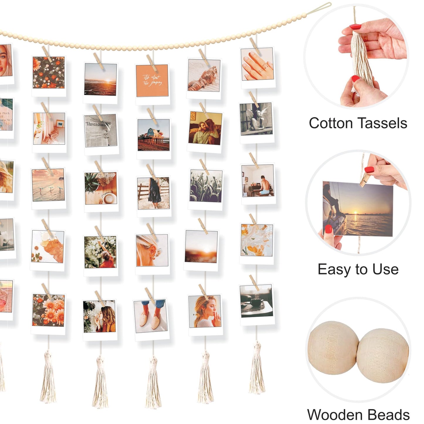 Hanging Photo Display with Clips Wall Boho Decor Beads Garland with Led Lights - Sculptural Picture Frames Collage - 30 Clothespins - 2 Non-Trace Hook - Photo Clip String Lights - 45 x 45 inch