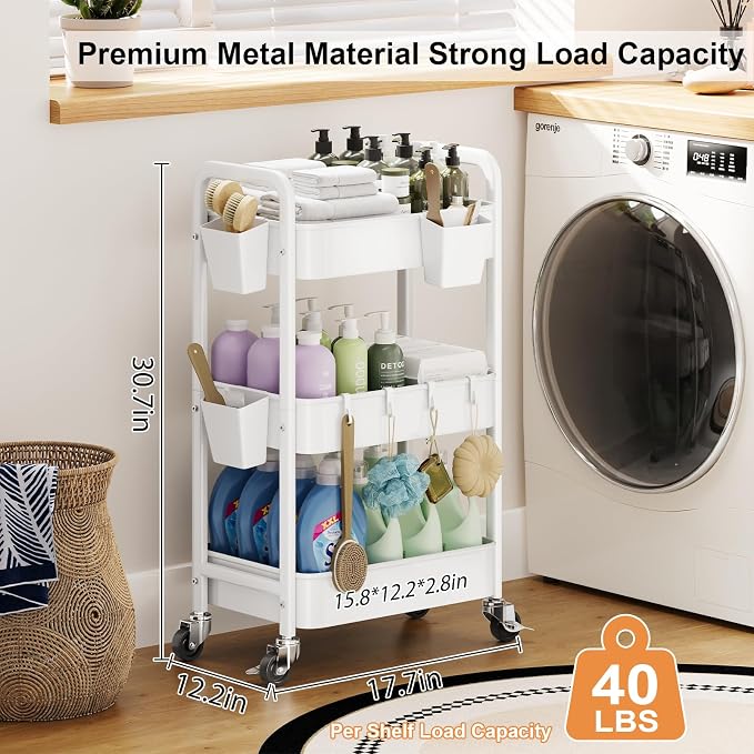 3 Tier Rolling Cart with Wheels, Metal Utility Storage Cart on Wheels, Craft Carts Organizer with Hanging Cups, Hooks, Three Tiered Rolling Carts for Bathroom, Laundry Room, Nursery, Office, White