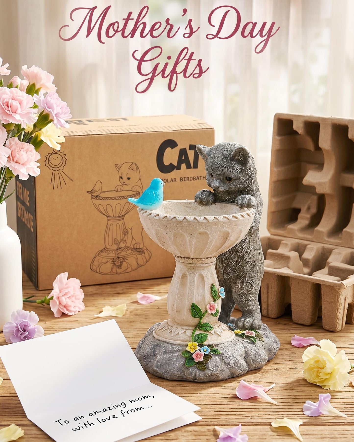 Nacome Solar Cat Statue for Garden Decor: IP44 Weatherproof Resin with Automatic Lighting - No Installation- Outdoor Yard Patio Balcony Art - Birthday Gifts for Bird Lovers Mom Grandma Women