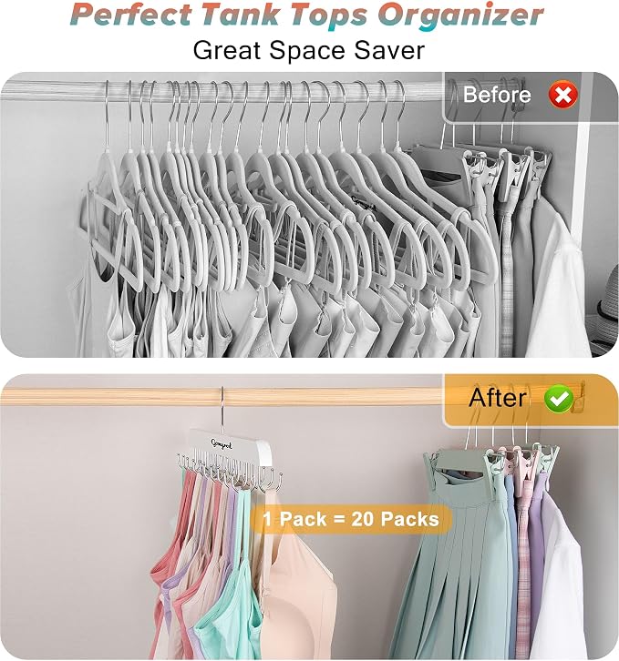 Gomyrod Bra Hanger for Closet, 2 Pack Tank Top Hanger w/20 Hooks Capacity Foldable Wood Space Saving Hangers, 360°Rotating Closet Organizers and Storage for Dorm & Apartment for Bra Scarf Ties(White)
