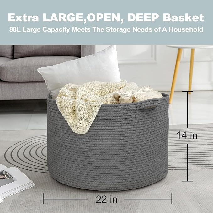 MEGASKET Large Dark Grey Storage Basket, Woven Cotton Rope Baskets for Storage, Big Blanket Organizer Storage Basket for Living Room, Kids Room Toy Storage Organizer Box, Blanket Keeper (22"x14")
