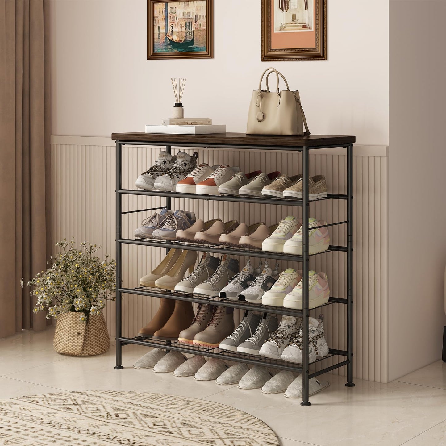 SUOERNUO Shoe Rack Organizer 5 Tier for Closet Entryway Free Standing Metal Storage Shoe Shelf with MDF Top Board，Black+Rustic Brown