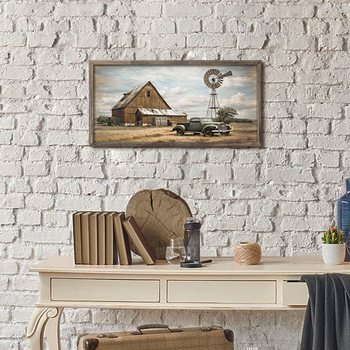 Farmhouse Barn Wood Wall Art: Framed Rustic Farm House Windmill Retro Truck Countryside Old Car Landscape Prints Picture Decor for Bedroom Bathroom Home Office 24" x 12"