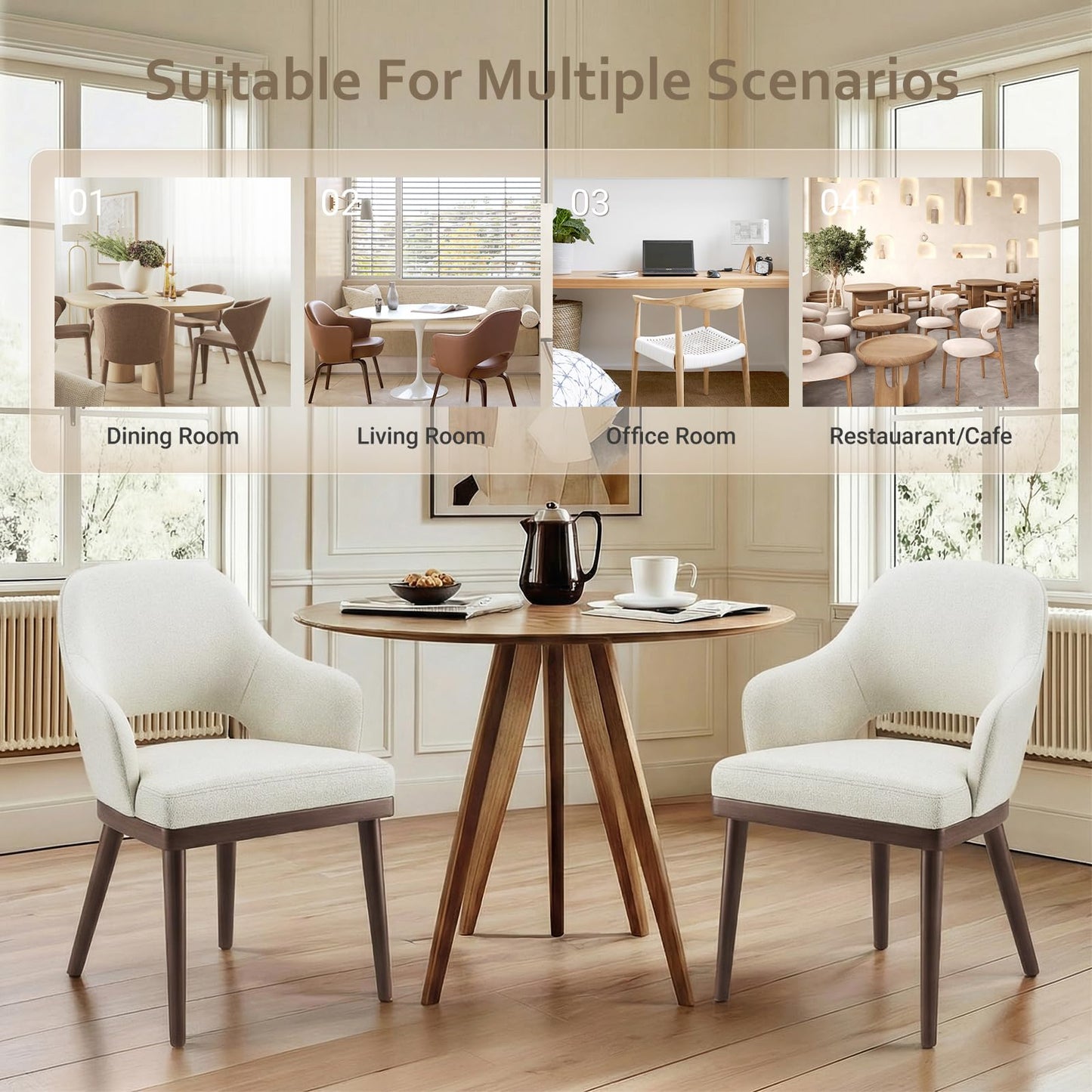 MALOL Wooden Dining Chairs Set of 4, Modern Fabric Upholstered Dining Room Chair, Kitchen Side Chairs, Farmhouse Dinner Chair with Open Back for Kitchen, Beige