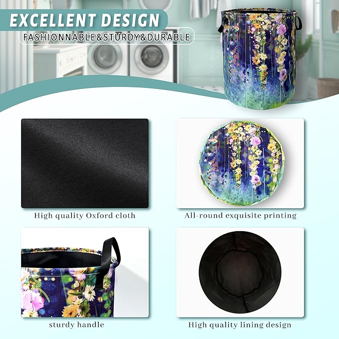 Beautiful Blue Green Floral Laundry Basket Foldable With Handles Tote Bag Oxford Cloth Colorful Laundry Hamper Clothes Storage Bucket Toy Organizer 18.9"x16.5" For Bathroom/Laundry/Bedroom