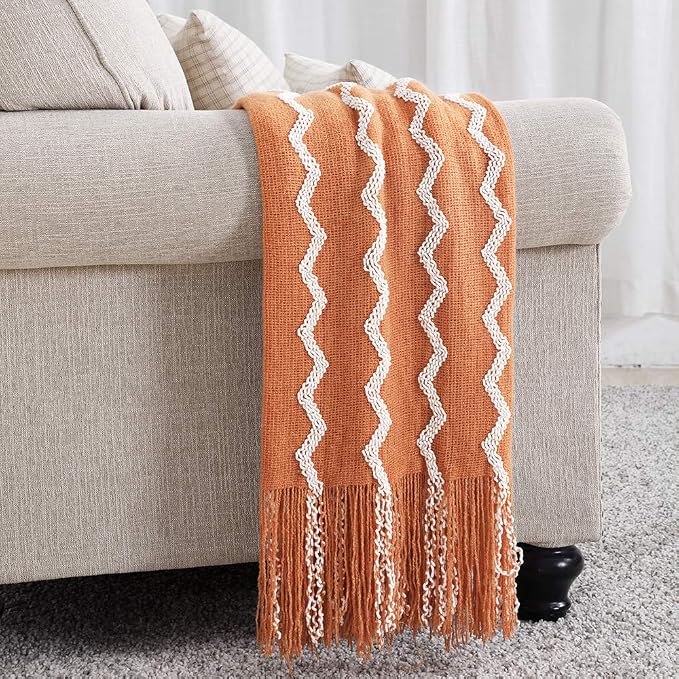 BOURINA Fluffy Chenille Knitted Fringe Throw Blanket Lightweight Soft Cozy for Bed Sofa Chair Throw Blankets, Orange 60"x80"