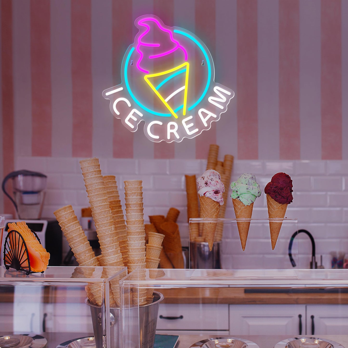 Ice Cream Neon Sign for Wall Decor Dimmable Led Neon Sign for Ice cream Shop Birthday Christmas Party Bedroom Bar Drink Shop Wall Decoration USB Powered